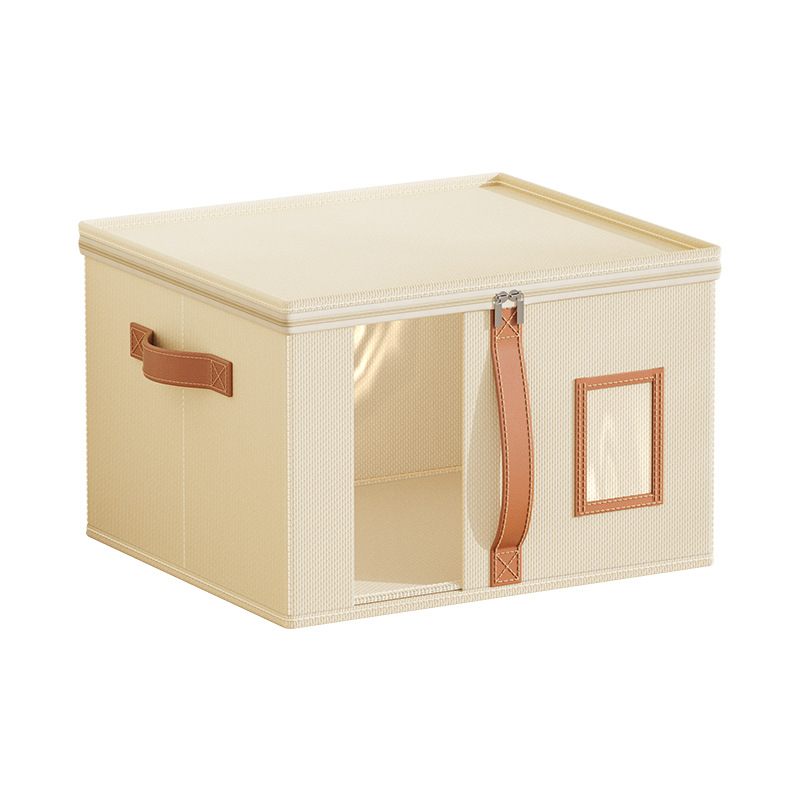 Beige foldable fabric storage box with transparent window and zipper closure