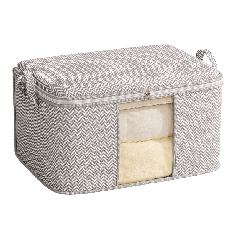 Foldable herringbone fabric bedding storage bag with clear window