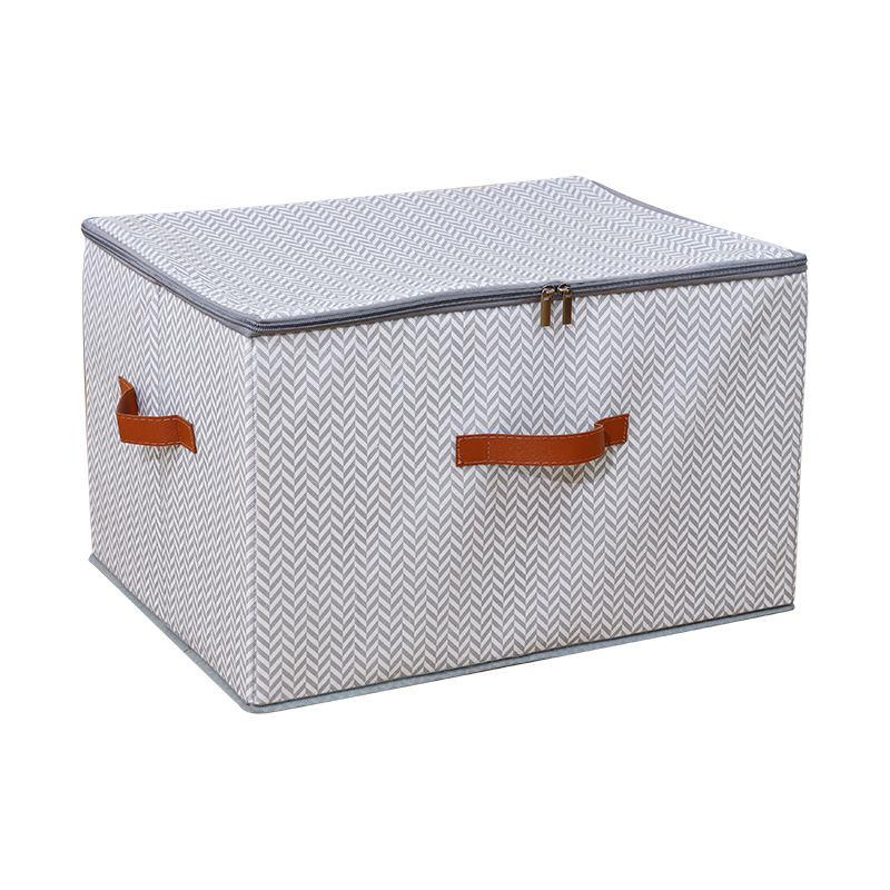 Foldable herringbone fabric storage box with zipper and PU leather handle